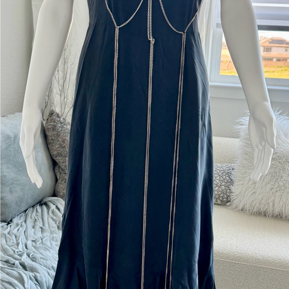 Sportmax Navy Silk  Dress with Silver chains  Accents